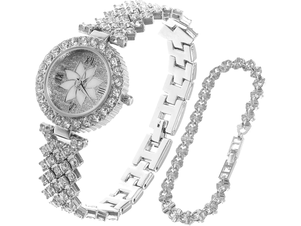 Reloj Cuarzo Mujer Piedras Brillantes Brazalete Metal Plateado Diseño Moderno Cierre Seguridad Ideal Diario
