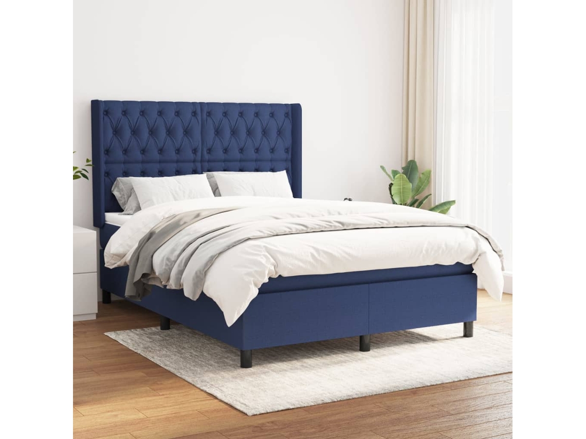 Cama Box Spring Con Colchón Tela Azul 140x200 Cm