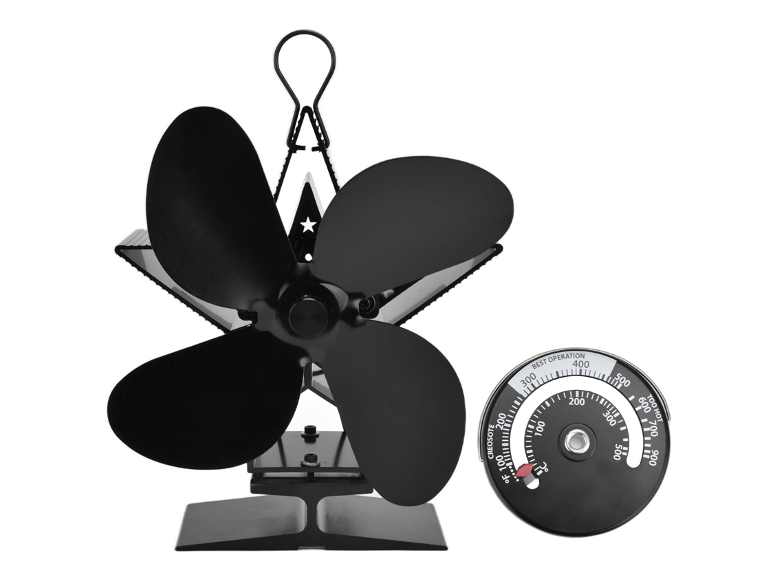 Ventilador De Chimenea Con Termómetro, 4 Aspas, Alimentado Por Calor, Distribuidor De Calor, Negro.