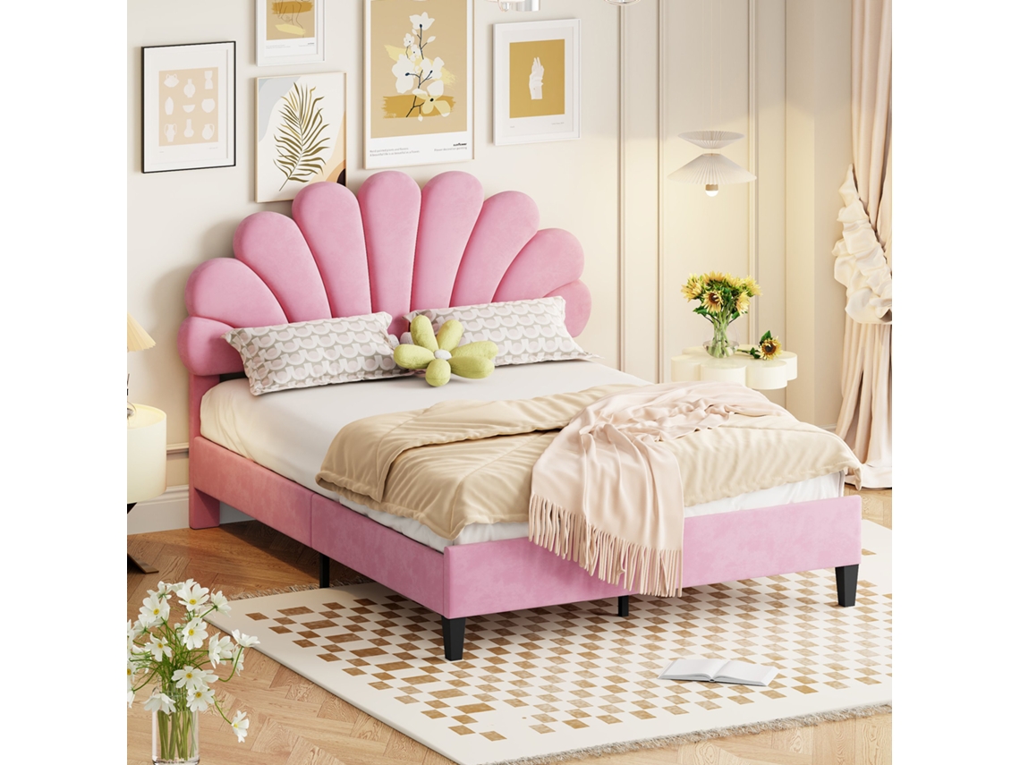 Cama Doble De 140x200 Cm, Cabecero Floral, Terciopelo Rosa, Somier De Láminas, Cama Para Adulto/adolescente, Colchón No Incluido.
