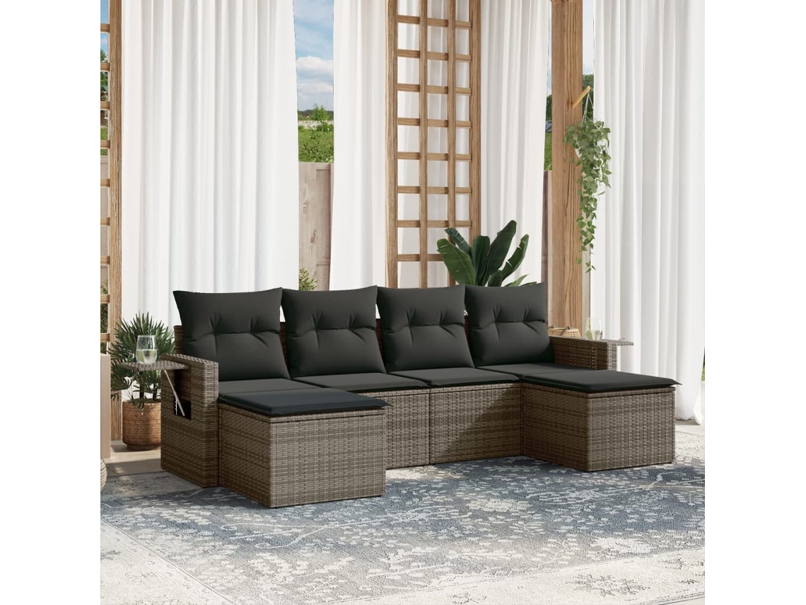 Conjunto de sofá de jardín de 6 piezas con cojines de mimbre gris, Dkd Home Decor