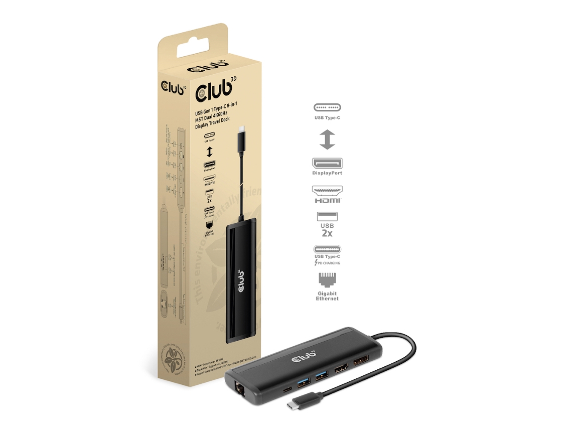 Estación de acoplamiento USB tipo C Club 3D 8 en 1 MST Dual 4k60hz Dual 4k60hz Negro
