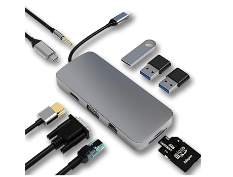 Adaptador USB C 10 en 1, CHRONUS BX, con HDMI 4K, VGA, RJ45 Ethernet, Lector de Tarjetas SD/TF, Entrada AUX de 3.5 mm, Gris