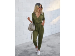 Mono De Mujer Europeu E Americana Slim Fit De Cor Verde Exército Com Cintura Alta E Tecido De Cachemira