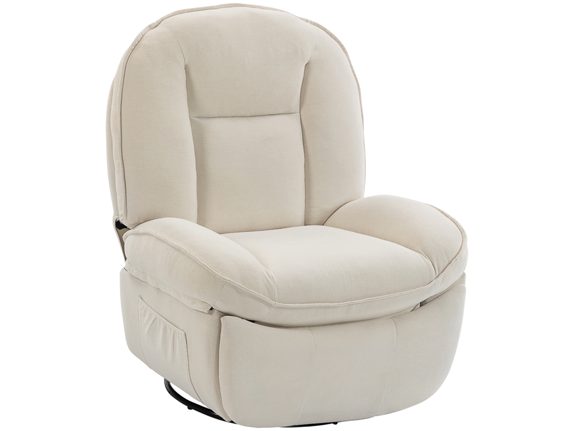 Sillón reclinable giratorio mecedor con asiento profundo, color crema.