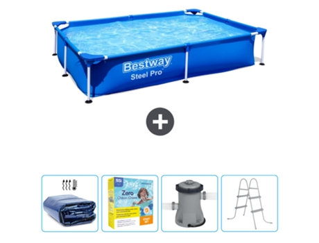 Piscina BESTWAY Rectangular Steel Pro - 221 x 150 x 43 cm - Azul - Incluida Vela solar - Paquete de mantenimiento - Bomba - Escalera
