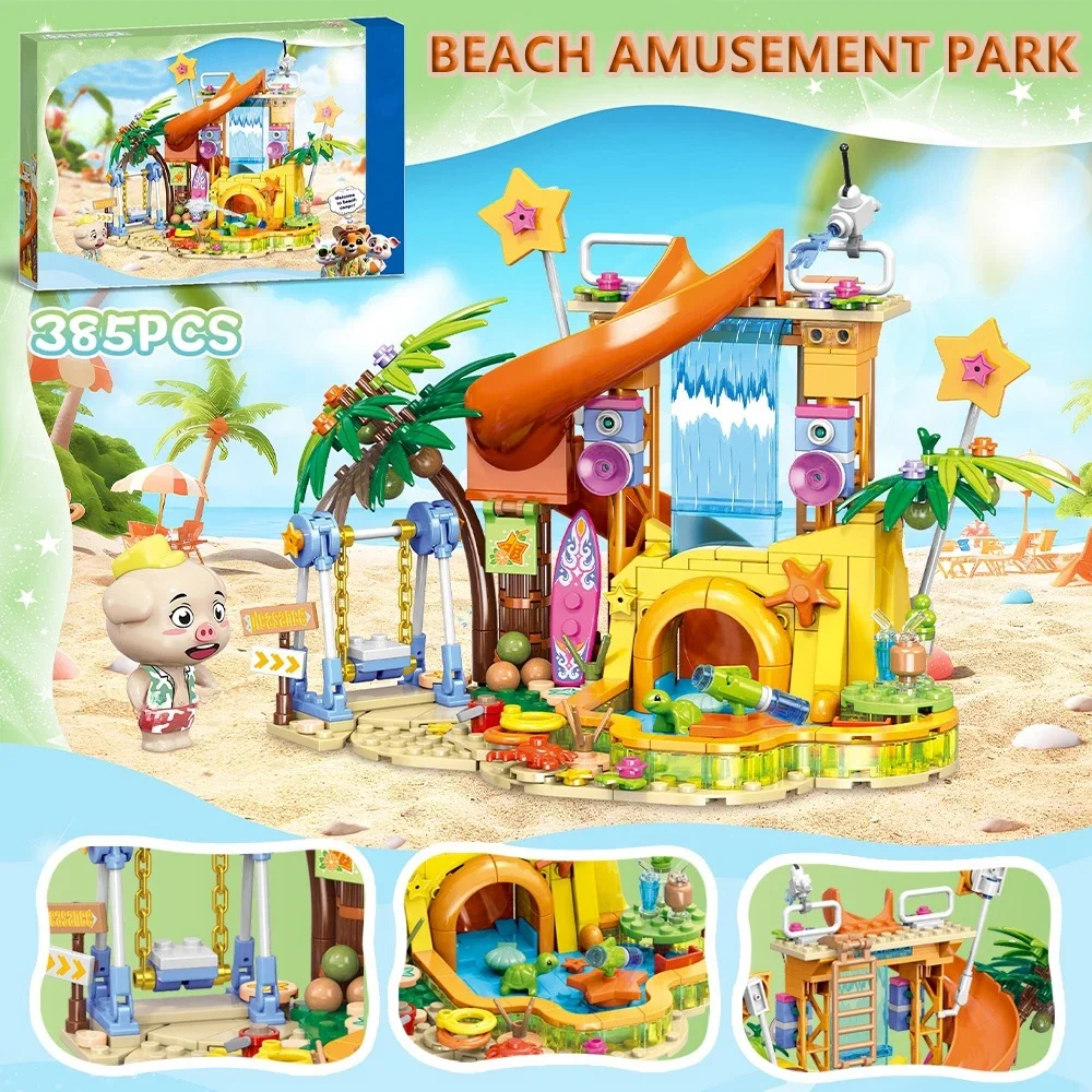 (385 Piezas) Juego De Bloques De Construcción Con Dibujos Animados Creativos De Playa, Parque Y Costa, Juguete Educativo Para Niños
