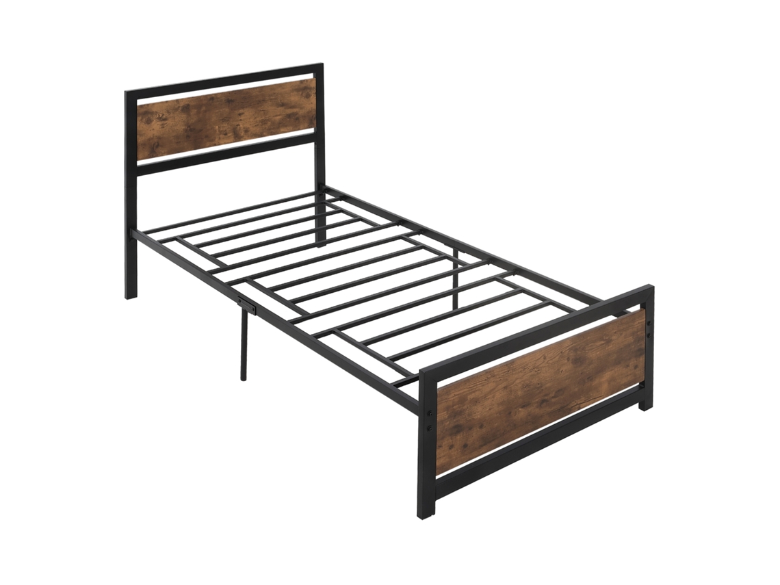 Estrutura De Cama De Solteiro Em Madeira E Aço Com Ripas Em Estilo Industrial, 90x200 Cm