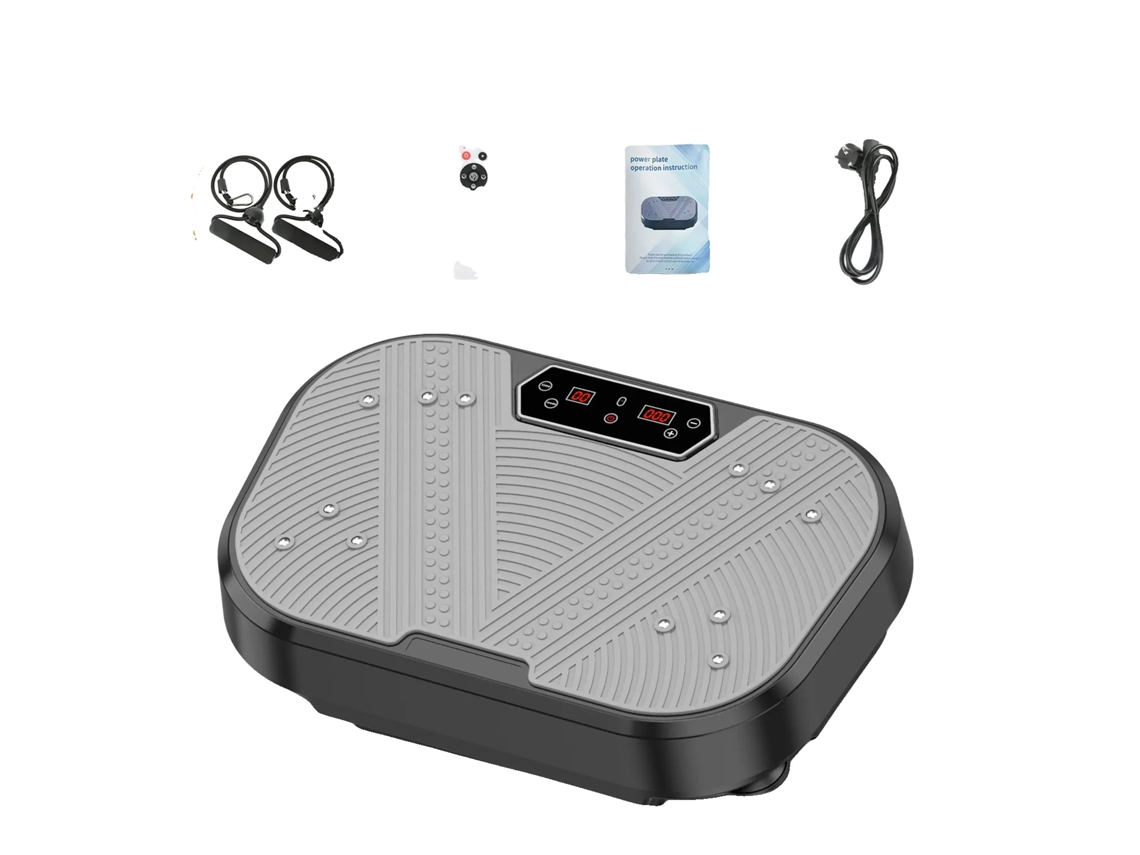 Plataforma vibratoria, velocidad ajustable, superficie antideslizante, color gris.