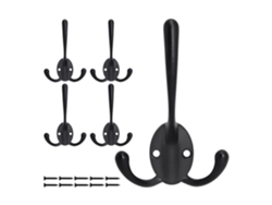 Paquete de 5 perchas, perchas dobles de pared de alta resistencia, perchas utilitarias de acero inoxidable negro (negro)