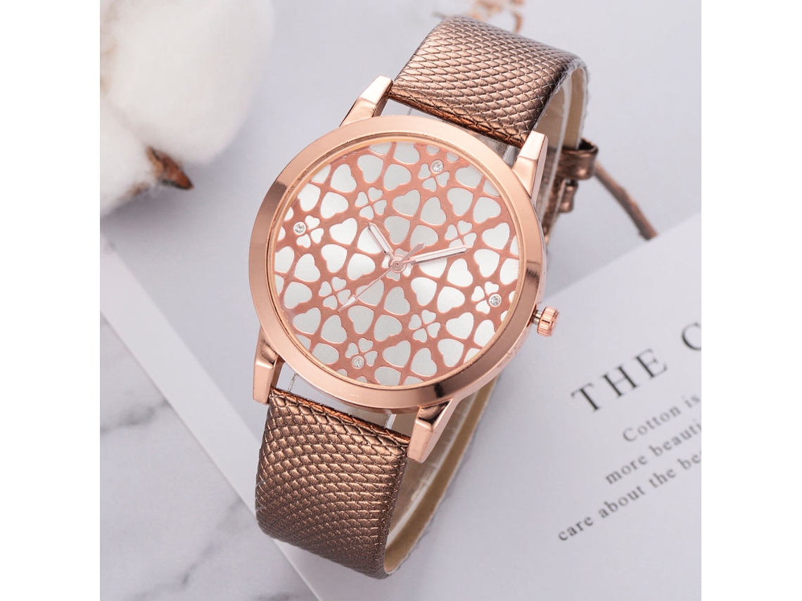 Reloj De Pulsera Para Mujer Con Correa De Piel Sintética Imitación Cocodrilo Y Diamantes De Imitación Marrones.