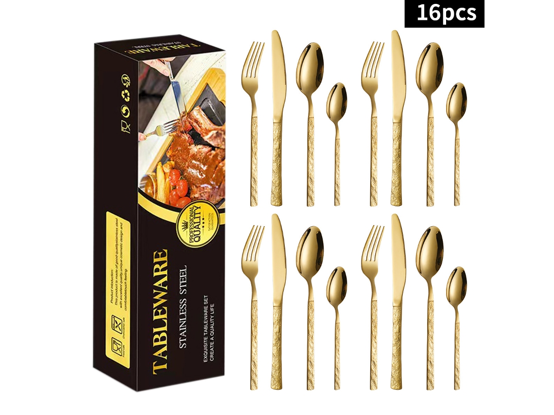 Juego De Cubiertos Chrui En Acero Inoxidable 16 Piezas Para 4 Personas Con Patrón De Piedra, Lavavajillas (oro)