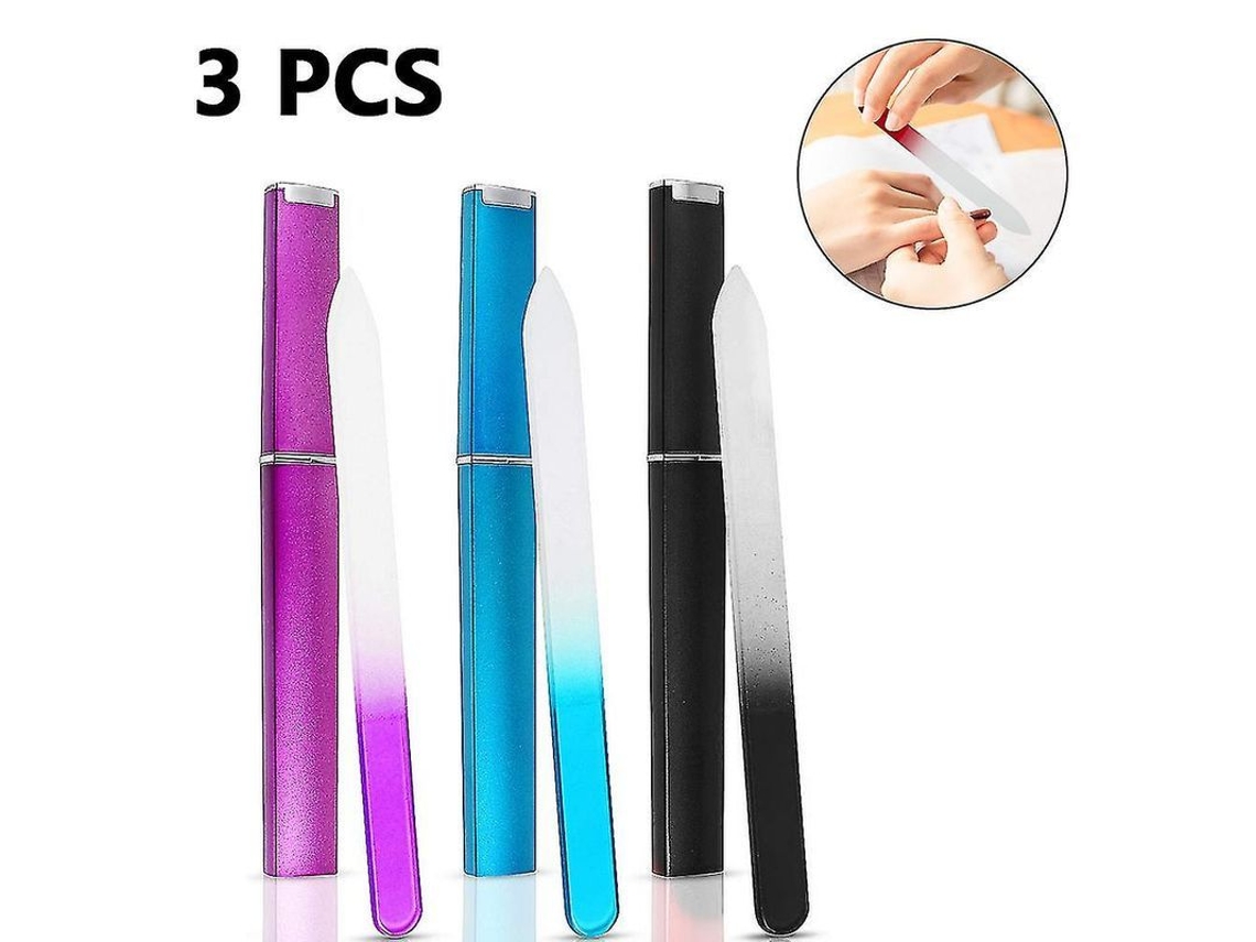 3 Limas De Uñas De Cristal Con Estuche, Limas De Doble Cara, Herramienta Para El Cuidado De La Manicura, Negro, Azul Y Rojo Rosa.