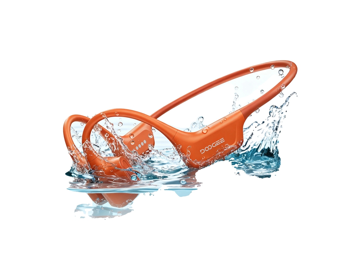Auriculares de conducción ósea, resistentes al agua, Bluetooth 5.4, color naranja.