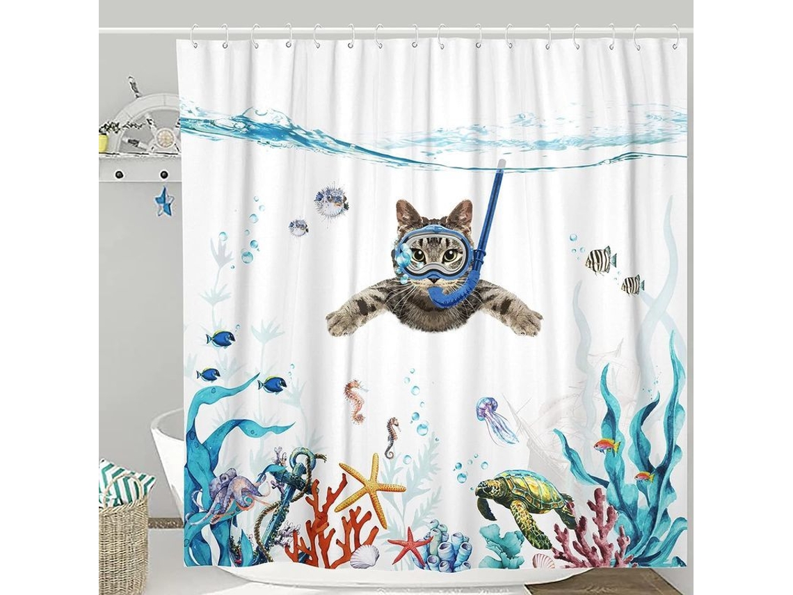 2026-set De Cortina De Ducha Gato Divertido Azul Teal Marino Impermeable 180x180cm Con 12 Ganchos