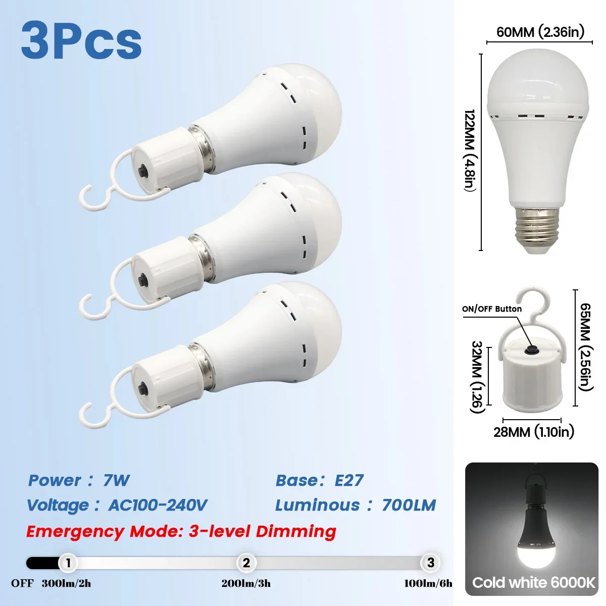 Bombillas Led Recargables (paquete De 3, 7w), E27, 1500mah, Para Uso De Emergencia, Adecuadas Para Cortes De Energía Y Acampada Al Aire Libre.
