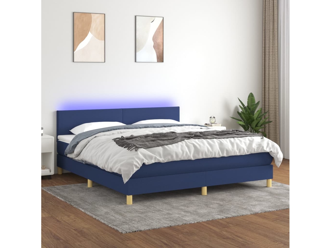 Cama Box Spring Con Colchón Y Led Tela Azul 160x200 Cm