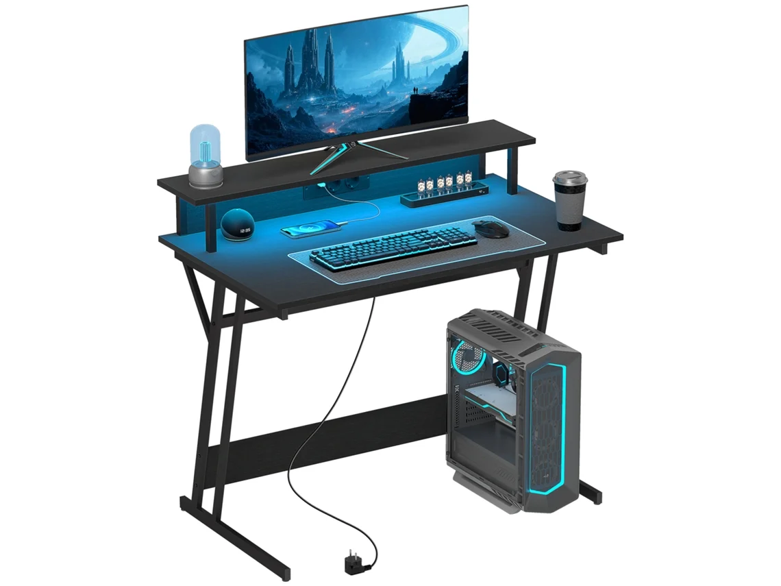 Escritorio Para Juegos Led Negro Con Fuente De Alimentación Y Soporte Para Monitor.