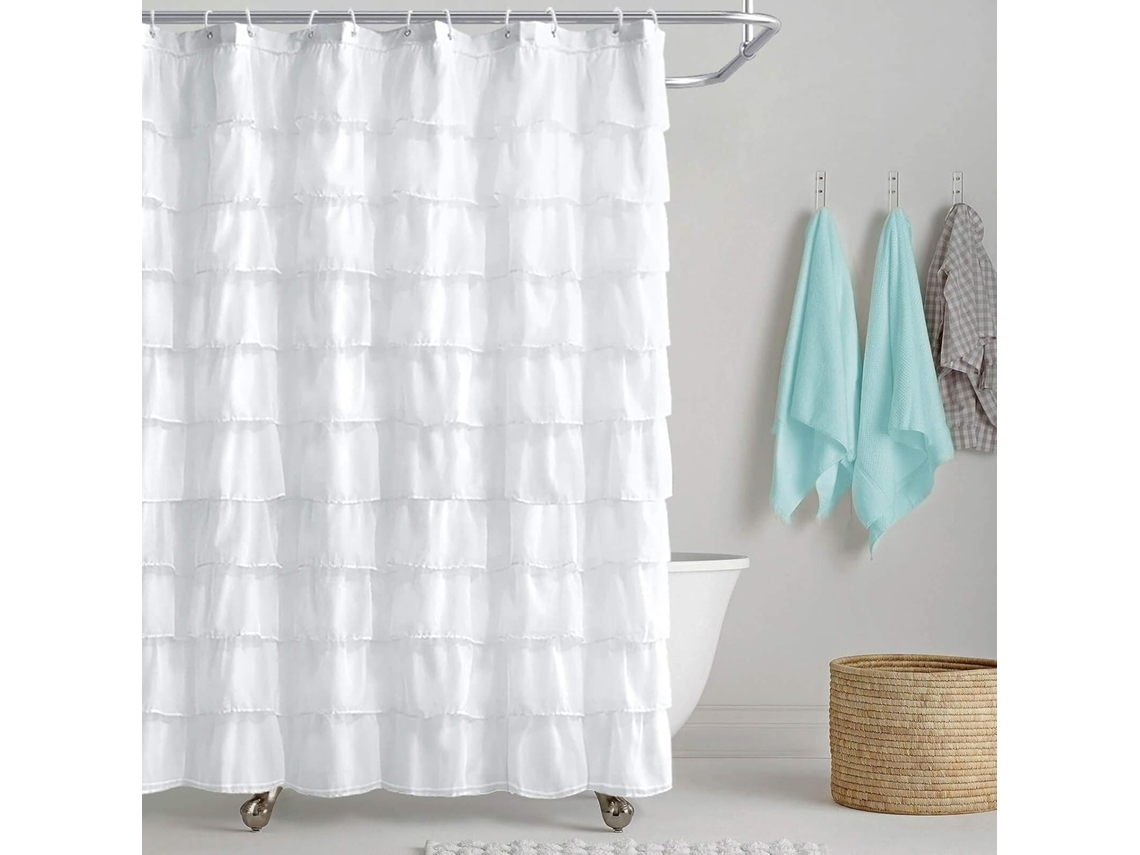 Cortina de ducha blanca con volantes estilo rústico, tela transparente para baño, 183 cm Jortmrd