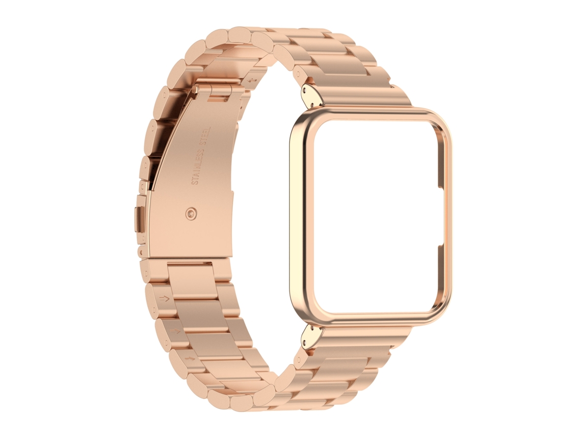 Correa de reloj inteligente para Xiaomi Redmi Watch2 Lite Versión internacional 2 en 1 Correa de reloj de metal de tres cuentas con marco de reloj (oro rosa)