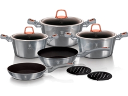 Batería Cocina Inducción 10 Piezas, Antiadherente Mármol Sin Pfoa, Aluminio, Cazuelas Sartenes Berlinger Haus Moonlight Gris