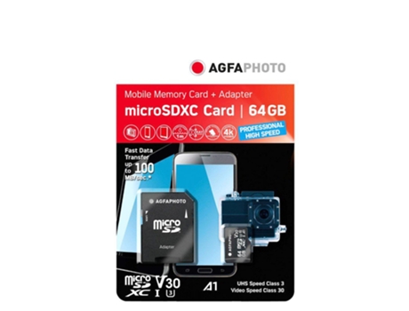 Tarjeta de Memoria Agfa Micro Sdxc Uhs-I 64Gb Alta Velocidad C10 U3 V30+Adaptador