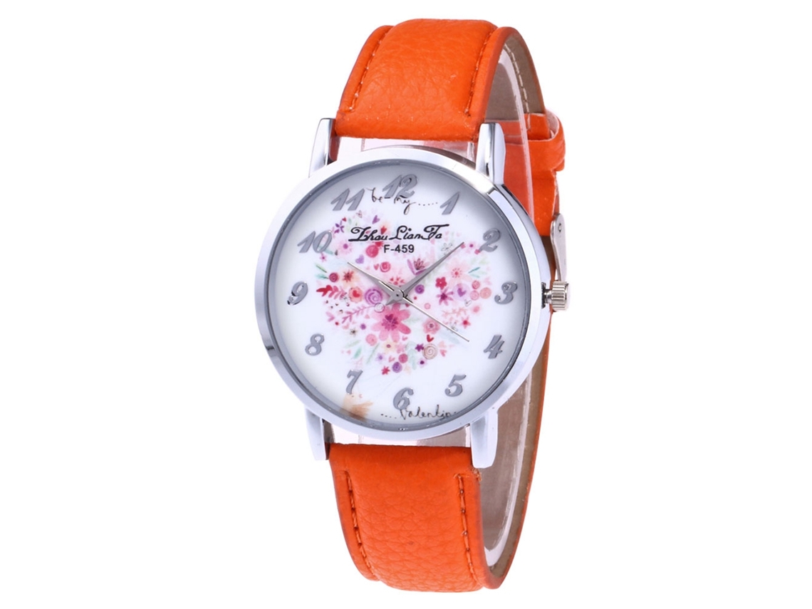 Reloj De Pulsera De Cuarzo Para Estudiantes Con Correa De Cuero Con Estampado De Lichi Naranja.