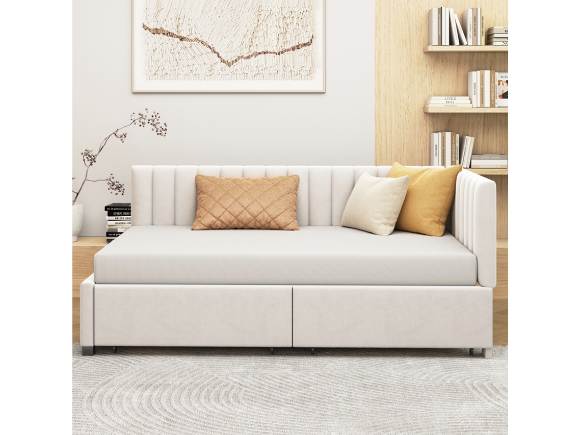Sofá Cama Tapizado en Terciopelo 90x200 cm con 2 Cajones Grandes y Somier de Láminas Blanco