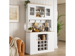 Aparador Cocina 175 Cm, Vitrina, Botellero, Barra Ganchos, Multifunción, Natural/blanco
