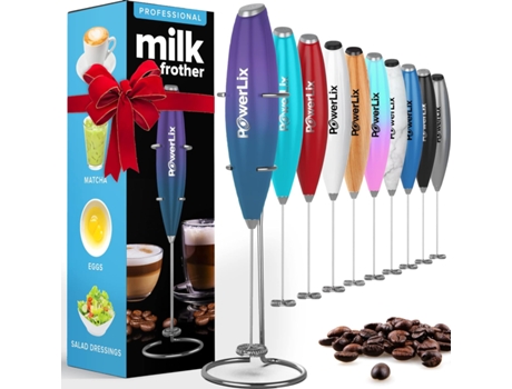 POWERLIX Espumador de Leche Eléctrico de Mano Batidora Leche Espuma Con Soporte de Acero Inoxidable 15-20S Potente 19000 Rpm Batidor para Café