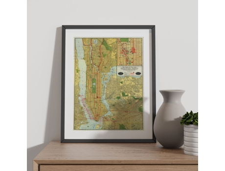 NACNIC Pósters Geográficos En Estilo Vintage Mapa De Nueva York De 1918 Ilustraciones De Antiguos Mapamundis En Tonos Sepia Tamaño A3 Con Marco Bla...