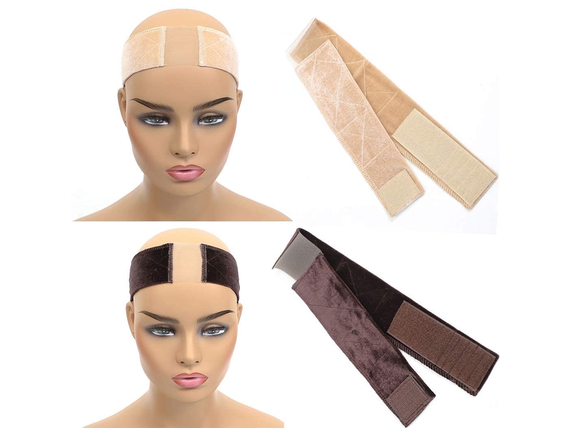 Banda ajustable para peluca de terciopelo marrón y nude, antideslizante, flexible, paquete de 2