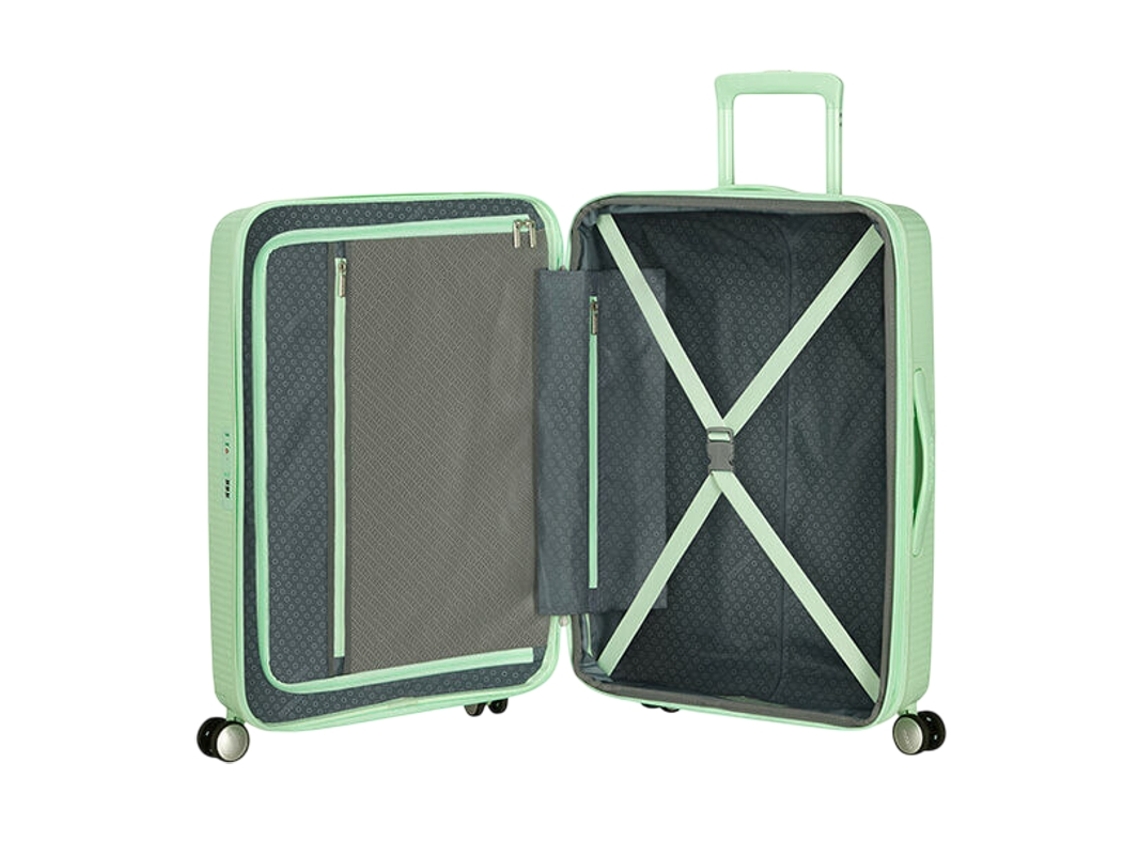 Maleta de viaje mediana de 67 cm, 4 ruedas, caja de resonancia, color verde pastel, American Tourister