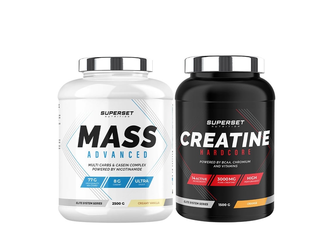 Programa avanzado de aumento de peso Mass Advanced 2,5 kg Crema de vainilla Hardcore Creatine 1,5 kg Naranja Superset Nutrition