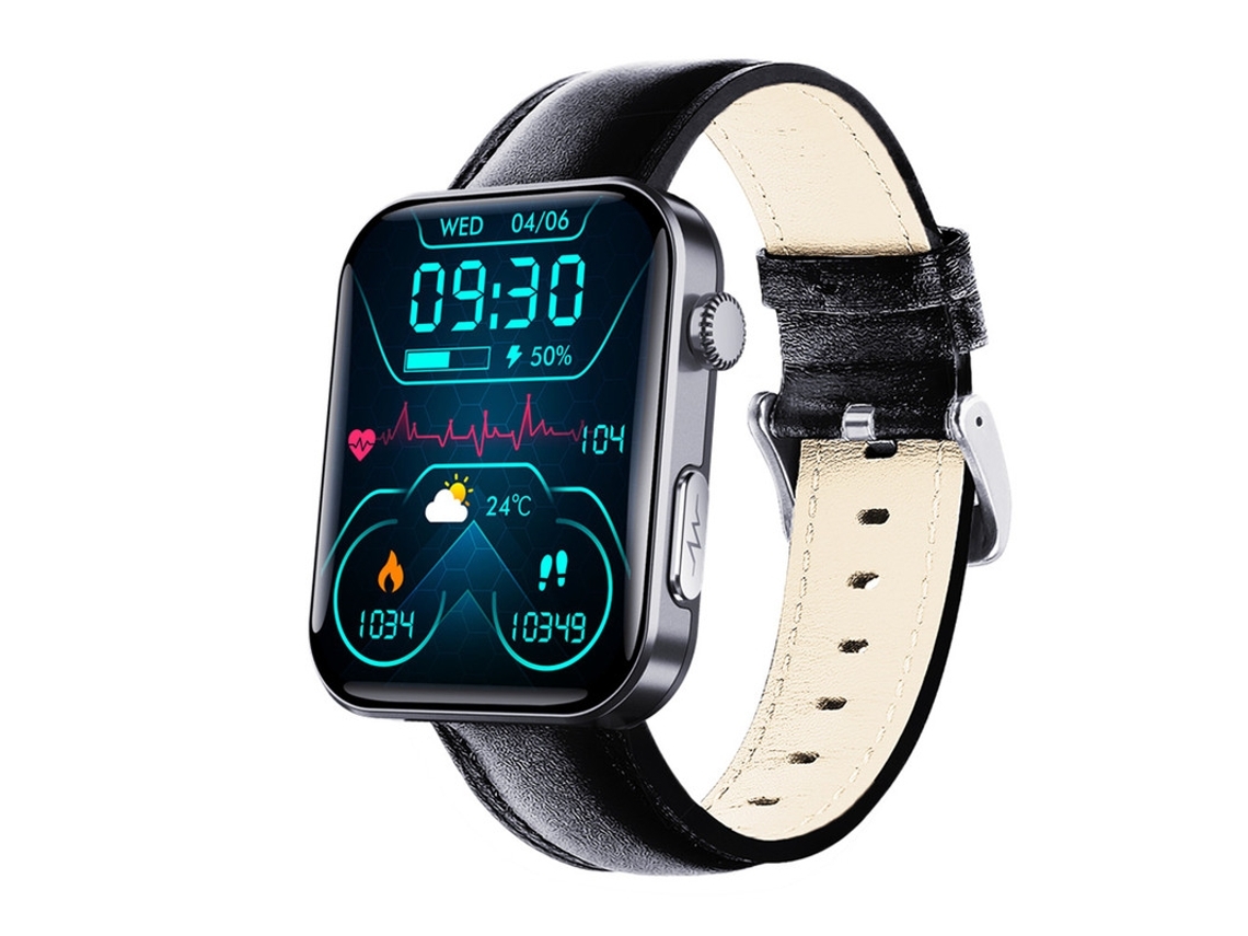 Reloj inteligente F300 con medición de glucosa en sangre, ECG, ácido úrico, informe de lípidos, alerta de VFC, SOS y correa de cuero negra.