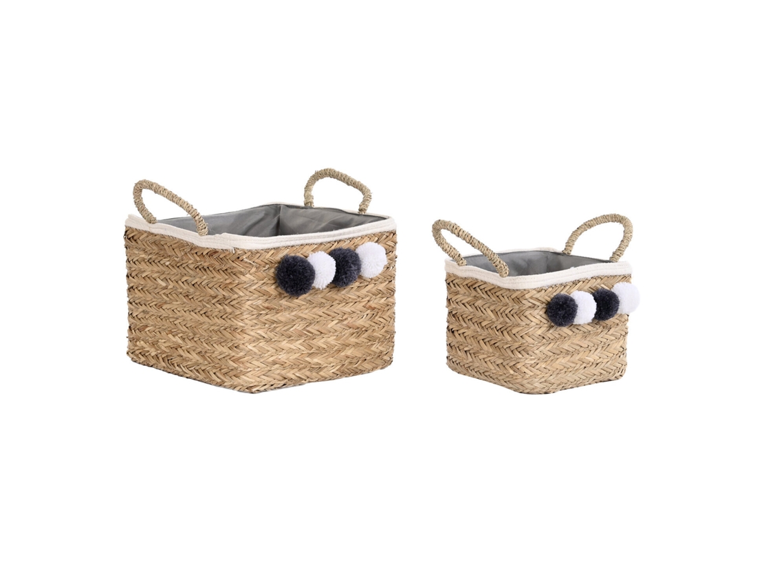 Set 2 Cesta Fibra Algodon Pompon Natural 33x33x25cm