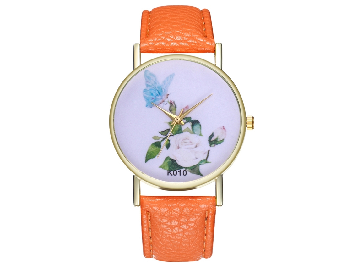 Reloj De Cuarzo Unisex Com Pulseira De Couro Pu, Mostrador Floral Simples Zhoulianfa (laranja)