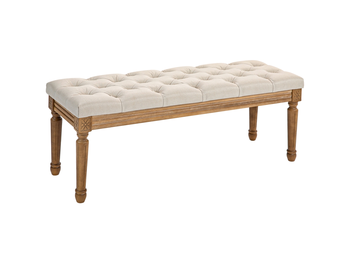 Banco Tapizado En Lino Con Patas De Madera Color Crema, 120x41x48cm