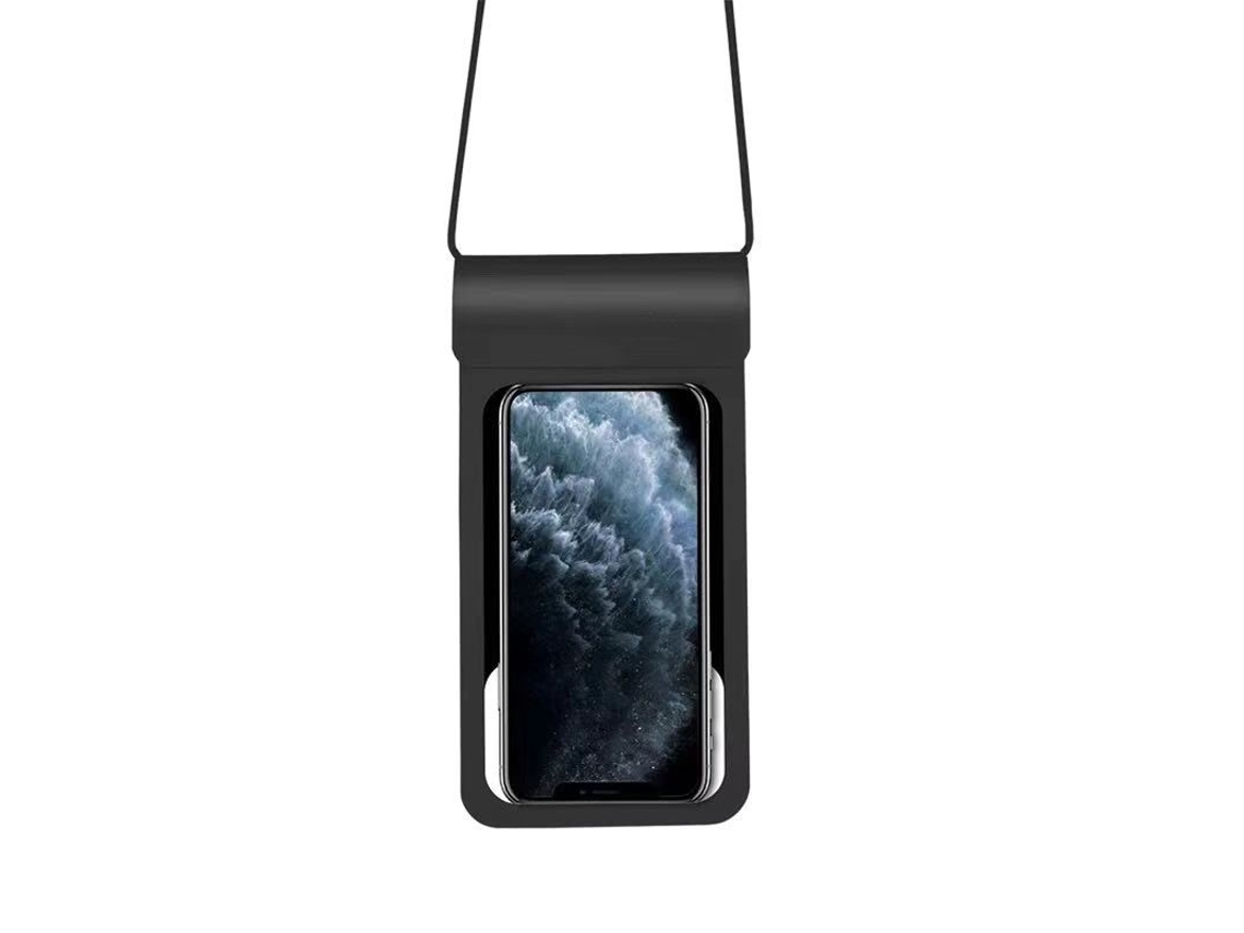 Funda impermeable de TPU para teléfono, ideal para nadar y bucear, fabricada en piel sintética. Elegante color negro. Tamaño extragrande con capacidad para un cargador pequeño.