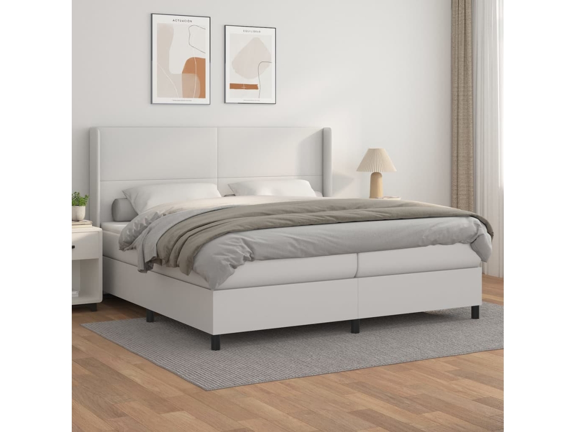 Cama Box Spring Con Colchón Cuero Sintético Blanco 200x200 Cm