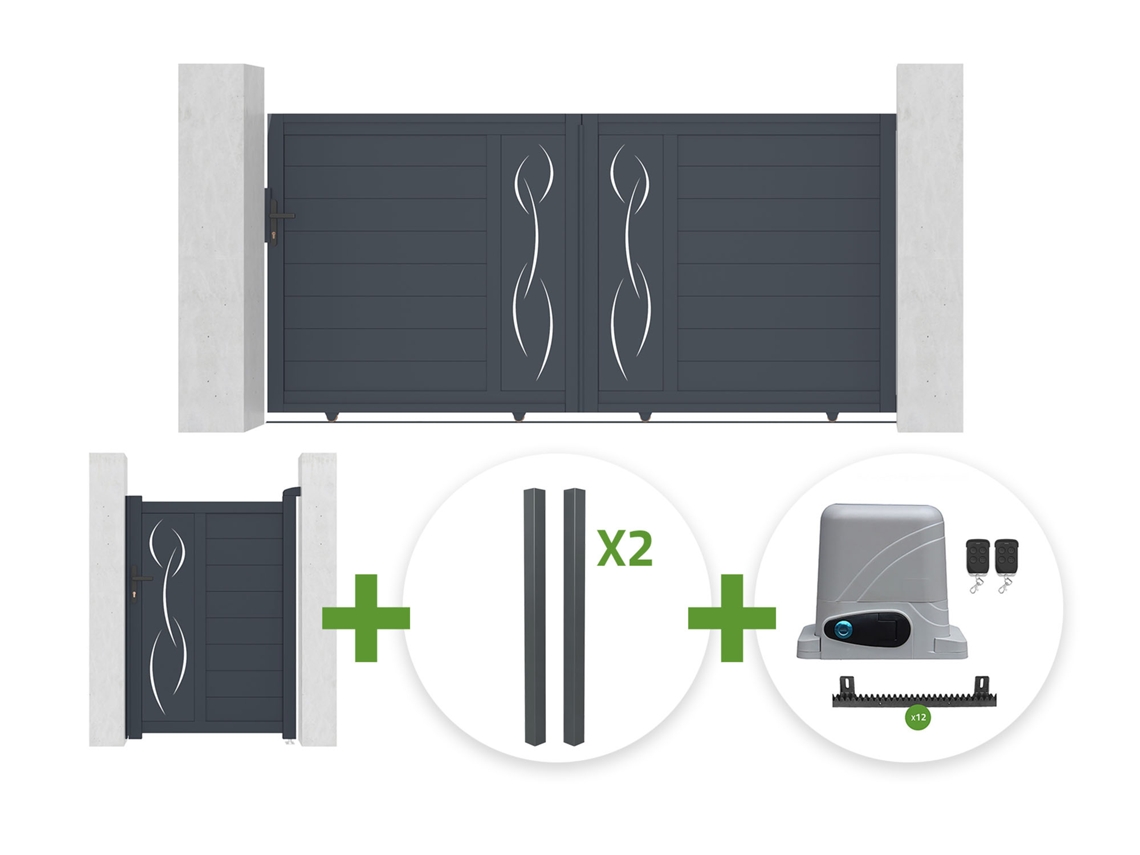 Puerta Corredera 3 M Life Alt. 140 Cm Gris + Puerta Peatonal 1 M Life Alt. 140 Cm Gris + 4 Postes Elda + Motorización Ranger C300