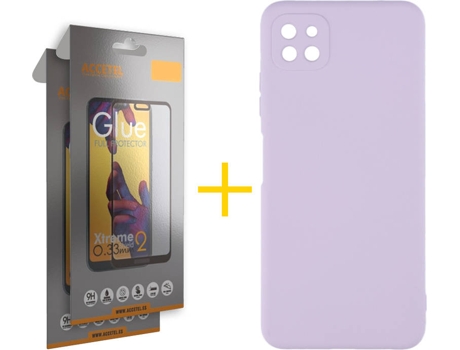 Funda y Protector de Vidrio Full 2 x Samsung Galaxy A22 5G ACCETEL Silicona Líquida Morado