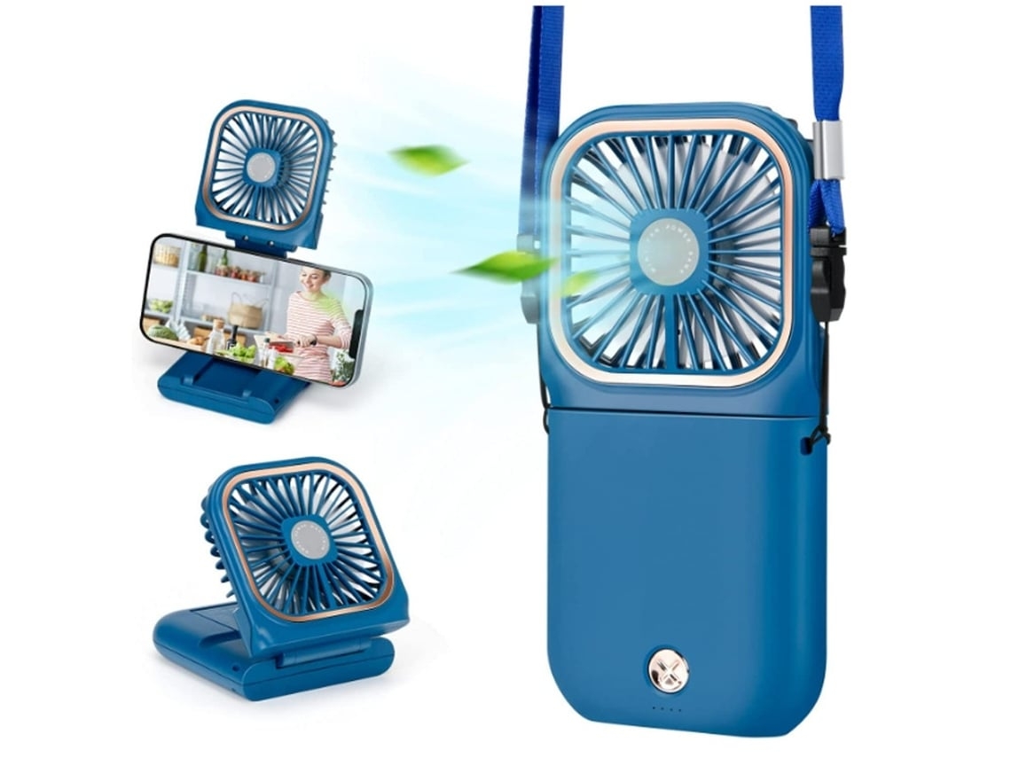 Ventilador portátil mini de escritorio, recargable por USB, soporte para teléfono con banco de energía, 3 velocidades, diseño plegable, azul Gusshious