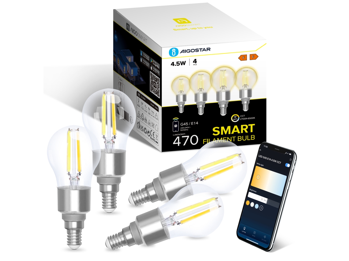Bombilla LED inteligente E14 Vintage G45 4,5 W 470 lm, regulable 2700 K 6500 K, Wifi, compatible con Alexa/Google Home Aigostar