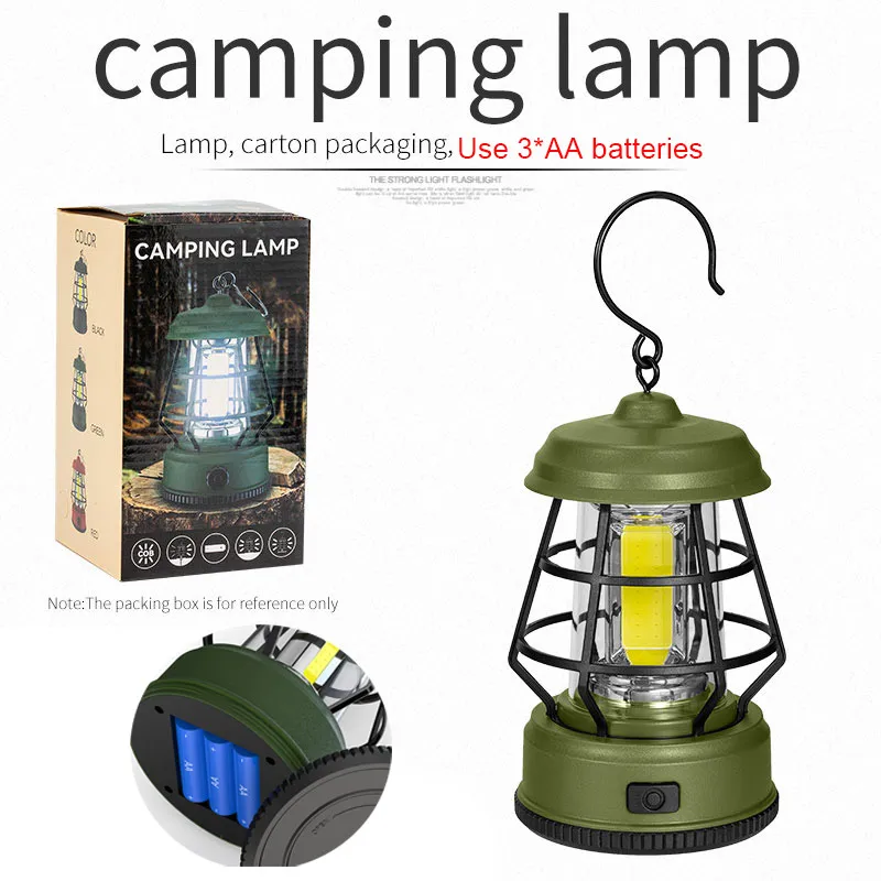 Linterna de camping (verde) - Linterna portátil para tienda de campaña - Con gancho - Funciona con 3 pilas AA