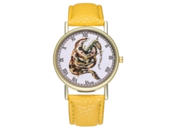 Reloj De Pulsera Unisex Informal De Cuarzo Con Cubierta De Cuero Sintético Y Esfera Redonda Amarilla.