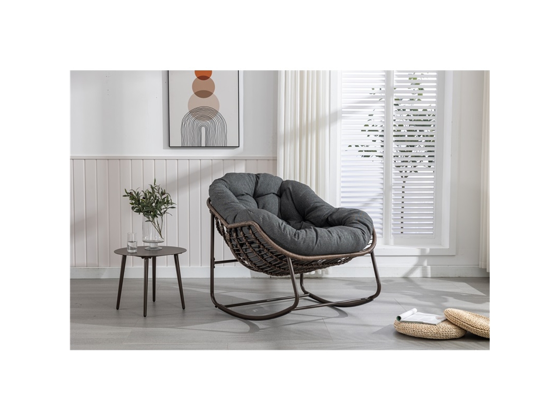 Silla Mecedora De Exterior Tipo Huevo De Mimbre Con Cojín Grueso, Gris Oscuro.