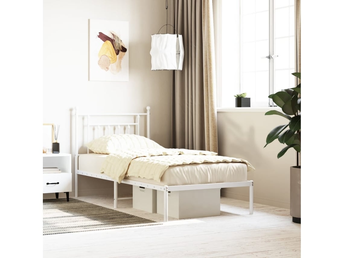 Estructura Cama Sin Colchón Con Cabecero Metal Blanco 90x200 Cm