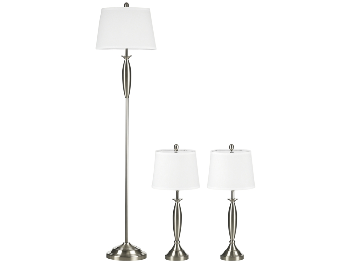 Juego de iluminación de 3 piezas: lámpara de pie, 2 lámparas de mesa, acabado en lino, 38x38x158cm, plata/blanco