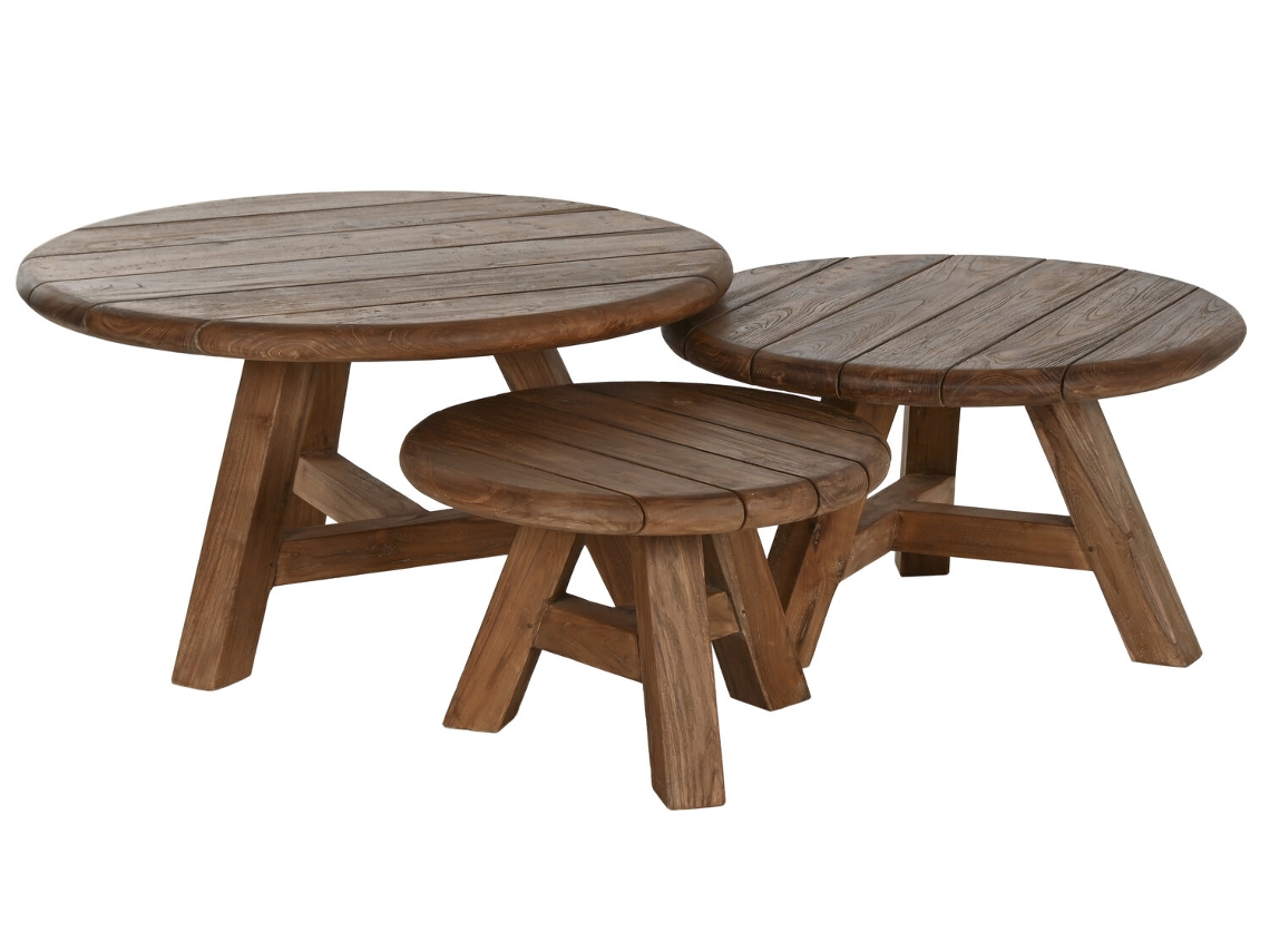 Set 3 Mesa Centro Teca Reciclada 80x80x45cm
